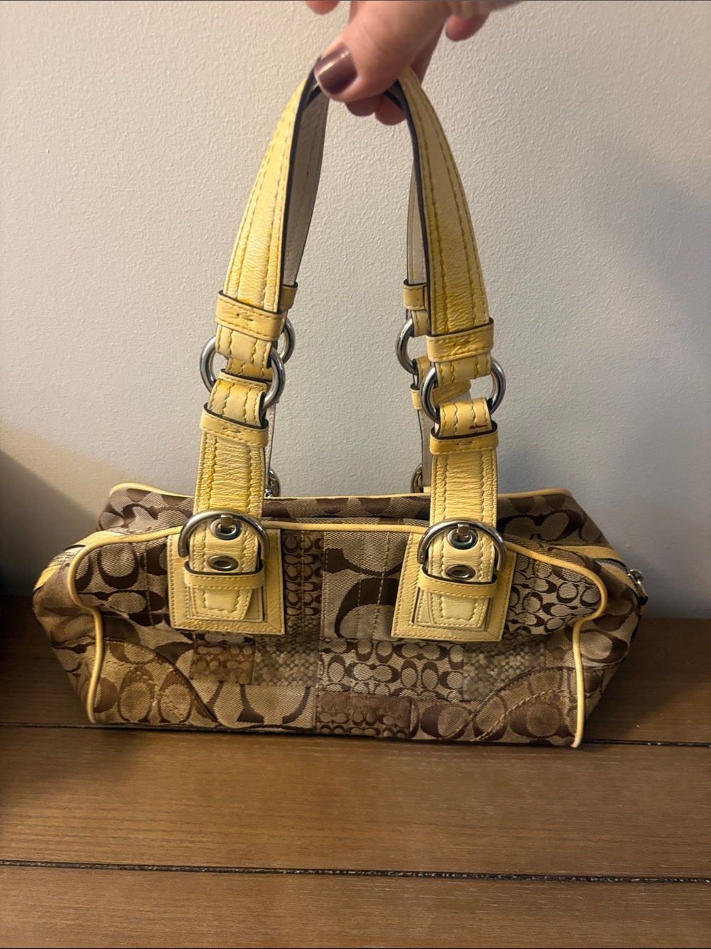 Coach Zoe Brown Signature-Print Shoulder Bag with Yellow Trim— medium
